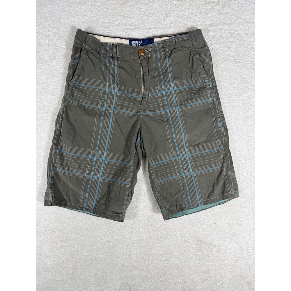 American Eagle Plaid Shorts Mens 34 Grey Blue Flat Front Casual Summer‎
